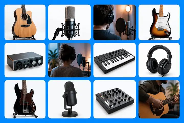 Eine übersichtliche Sammlung von Gitarren ohne Markenlogo, Aufnahmemikrofonen und kompakten Audiogeräten in weißen Produktkacheln vor einem leuchtend blauen Hintergrund.