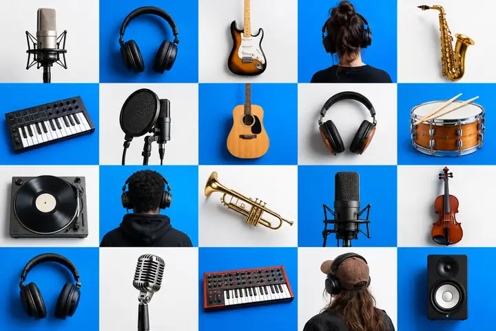Ein ordentliches Raster aus Mikrofonen, Kopfhörern und Musikinstrumenten ohne sichtbare Markennamen, fotografiert vor weißen Fliesen und einem kräftig blauen Hintergrund.